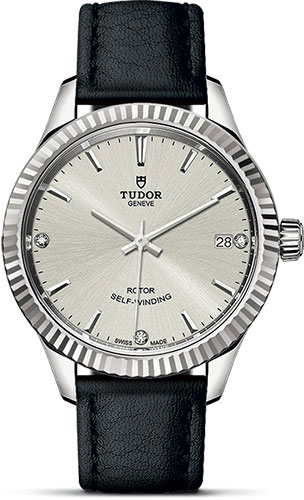 Tudor Style Watch - 34 mm Steel Case - Fluted Bezel - Silver Diamond Dial - Leather Strap