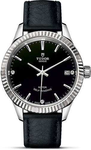 Tudor Style Watch - 34 mm Steel Case - Fluted Bezel - Black Diamond Dial - Leather Strap