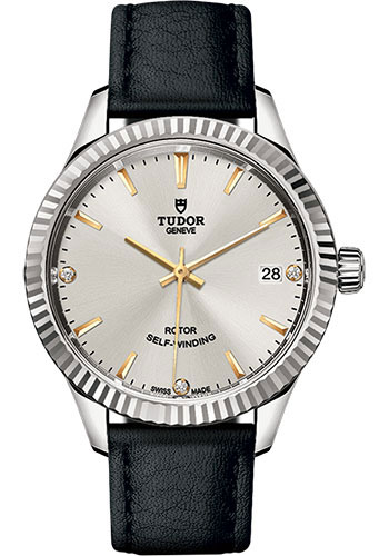 Tudor Style Watch - 34mm Steel Case - Fluted Bezel - Silver Diamond Dial - Leather Strap
