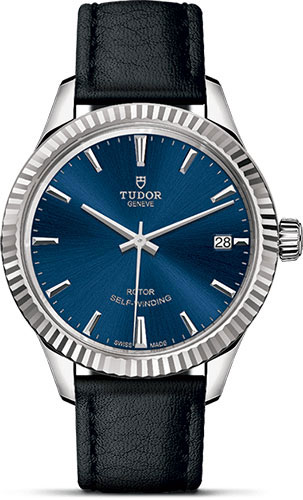 Tudor Style Watch - 34 mm Steel Case - Fluted Bezel - Blue Dial - Leather Strap
