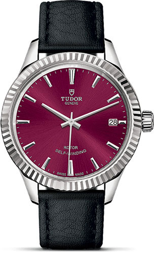 Tudor Style Watch - 34 mm Steel Case - Fluted Bezel - Burgundy Dial - Leather Strap