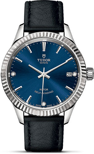 Tudor Style Watch - 34 mm Steel Case - Fluted Bezel - Blue Diamond Dial - Leather Strap