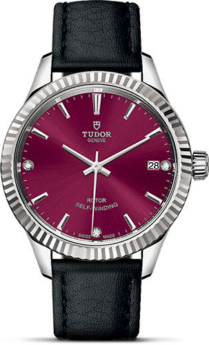 Tudor Style Watch - 34 mm Steel Case - Fluted Bezel - Burgundy Diamond Dial - Leather Strap