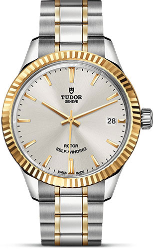 Tudor Style Watch - 34 mm Steel and Gold Case - Fluted Bezel - Silver Dial - Bracelet