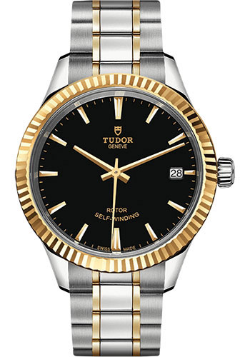 Tudor Style Watch - 34mm Steel and Gold Case - Fluted Bezel - Black Dial - Bracelet