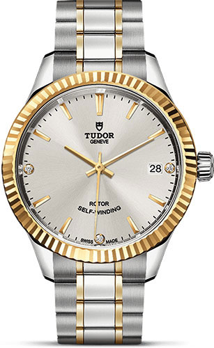 Tudor Style Watch - 34 mm Steel and Gold Case - Fluted Bezel - Silver Diamond Dial - Bracelet