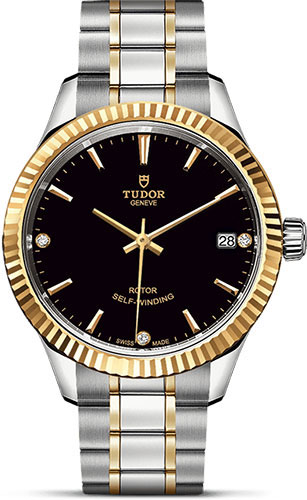 Tudor Style Watch - 34 mm Steel and Gold Case - Fluted Bezel - Black Diamond Dial - Bracelet
