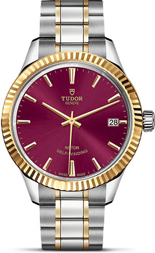 Tudor Style Watch - 34 mm Steel and Gold Case - Fluted Bezel - Burgundy Dial - Bracelet