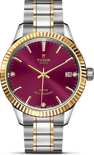 Tudor Style Watch - 34 mm Steel and Gold Case - Fluted Bezel - Burgundy Diamond Dial - Bracelet