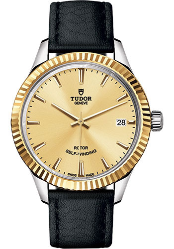 Tudor Style Watch - 34mm Steel and Gold Case - Fluted Bezel - Champagne Dial - Leather Strap