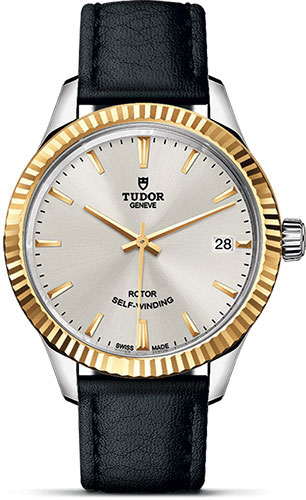 Tudor Style Watch - 34 mm Steel and Gold Case - Fluted Bezel - Silver Dial - Leather Strap