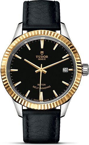 Tudor Style Watch - 34 mm Steel and Gold Case - Fluted Bezel - Black Dial - Leather Strap