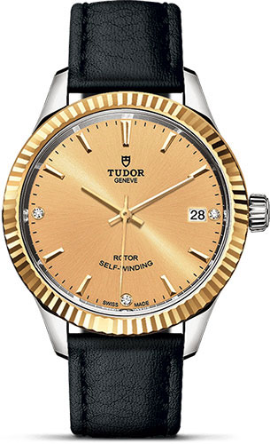 Tudor Style Watch - 34 mm Steel and Gold Case - Fluted Bezel - Champagne Diamond Dial - Leather Strap