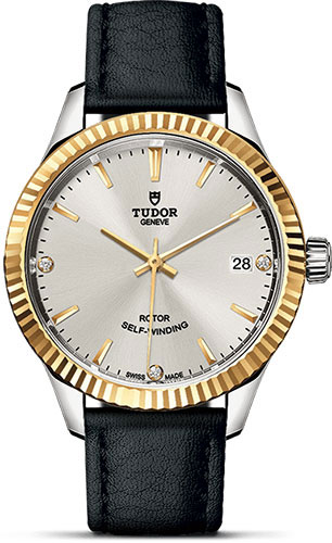 Tudor Style Watch - 34 mm Steel and Gold Case - Fluted Bezel - Silver Diamond Dial - Leather Strap