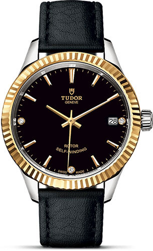 Tudor Style Watch - 34 mm Steel and Gold Case - Fluted Bezel - Black Diamond Dial - Leather Strap