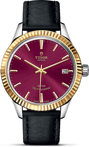 Tudor Style Watch - 34 mm Steel and Gold Case - Fluted Bezel - Burgundy Dial - Leather Strap
