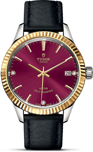 Tudor Style Watch - 34 mm Steel and Gold Case - Fluted Bezel - Burgundy Diamond Dial - Leather Strap