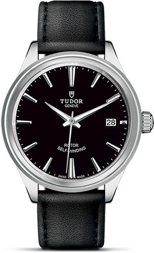 Tudor Style Watch - 38 mm Steel Case - Double Bezel - Black Dial - Leather Strap