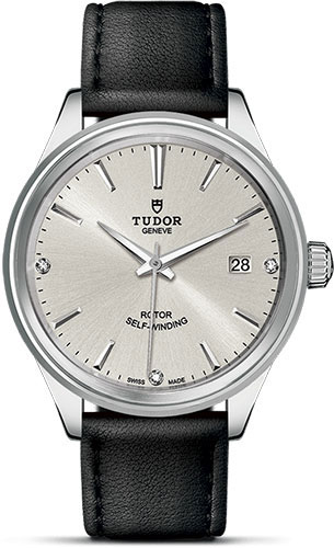 Tudor Style Watch - 38 mm Steel Case - Double Bezel - Silver Diamond Dial - Leather Strap