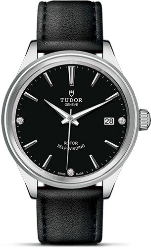 Tudor Style Watch - 38 mm Steel Case - Double Bezel - Black Diamond Dial - Leather Strap