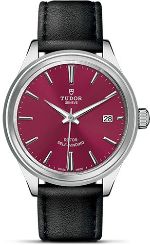 Tudor Style Watch - 38 mm Steel Case - Double Bezel - Burgundy Dial - Leather Strap
