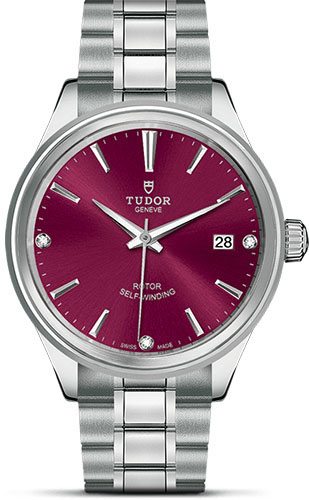 Tudor Style Watch - 38 mm Steel Case - Double Bezel - Burgundy Diamond Dial - Bracelet