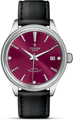 Tudor Style Watch - 38 mm Steel Case - Double Bezel - Burgundy Diamond Dial - Leather Strap