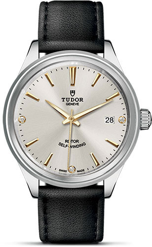 Tudor Style Watch - 38 mm Steel Case - Double Bezel - Gold Diamond Dial - Leather Strap