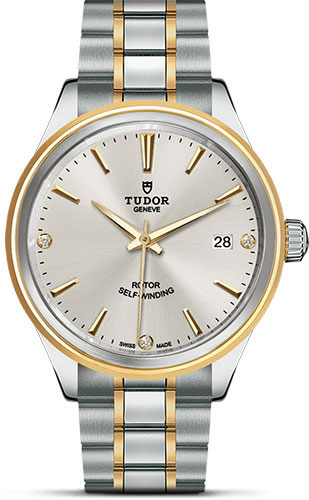 Tudor Style Watch - 38 mm Steel and Gold Case - Double Bezel - Silver Diamond Dial - Bracelet