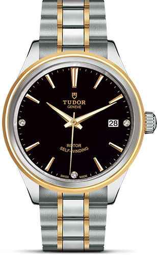 Tudor Style Watch - 38 mm Steel and Gold Case - Double Bezel - Black Diamond Dial - Bracelet