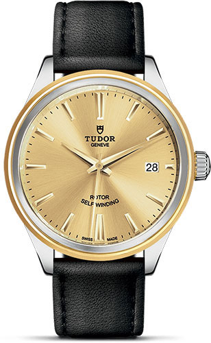 Tudor Style Watch - 38 mm Steel and Gold Case - Double Bezel - Champagne Dial - Leather Strap
