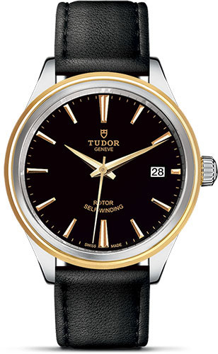 Tudor Style Watch - 38 mm Steel and Gold Case - Double Bezel - Black Dial - Leather Strap