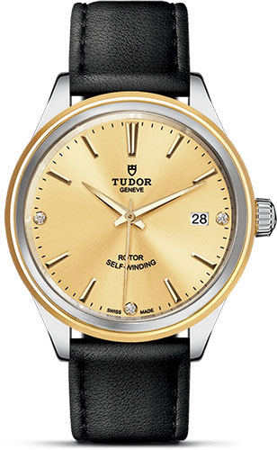 Tudor Style Watch - 38 mm Steel and Gold Case - Double Bezel - Champagne Diamond Dial - Leather Strap