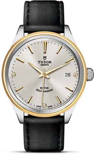 Tudor Style Watch - 38 mm Steel and Gold Case - Double Bezel - Silver Diamond Dial - Leather Strap