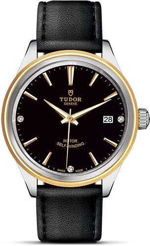 Tudor Style Watch - 38 mm Steel and Gold Case - Double Bezel - Black Diamond Dial - Leather Strap