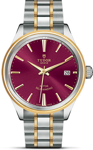 Tudor Style Watch - 38 mm Steel and Gold Case - Double Bezel - Burgundy Dial - Bracelet