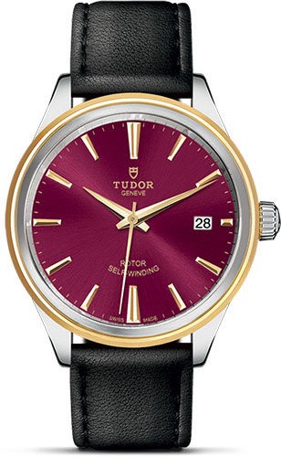 Tudor Style Watch - 38 mm Steel and Gold Case - Double Bezel - Burgundy Dial - Leather Strap