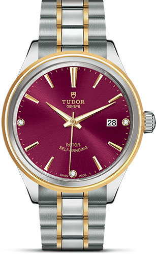 Tudor Style Watch - 38 mm Steel and Gold Case - Double Bezel - Burgundy Diamond Dial - Bracelet