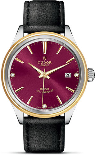 Tudor Style Watch - 38 mm Steel and Gold Case - Double Bezel - Burgundy Diamond Dial - Leather Strap