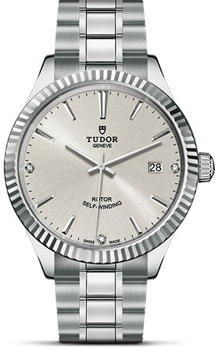 Tudor Style Watch - 38 mm Steel Case - Fluted Bezel - Silver Diamond Dial - Bracelet