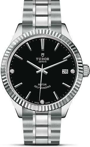 Tudor Style Watch - 38 mm Steel Case - Fluted Bezel - Black Diamond Dial - Bracelet