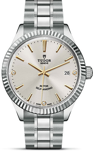 Tudor Style Watch - 38 mm Steel Case - Fluted Bezel - Gold Diamond Dial - Bracelet