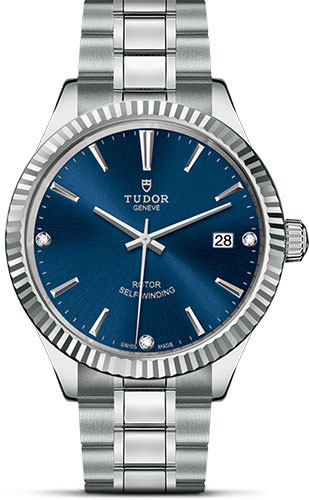 Tudor Style Watch - 38 mm Steel Case - Fluted Bezel - Blue Diamond Dial - Bracelet