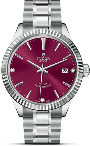 Tudor Style Watch - 38 mm Steel Case - Fluted Bezel - Burgundy Diamond Dial - Bracelet