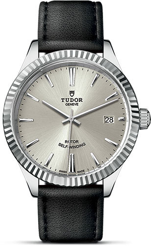 Tudor Style Watch - 38 mm Steel Case - Fluted Bezel - Silver Dial - Leather Strap