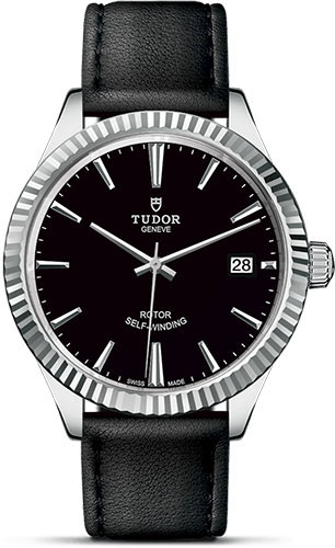 Tudor Style Watch - 38 mm Steel Case - Fluted Bezel - Black Dial - Leather Strap