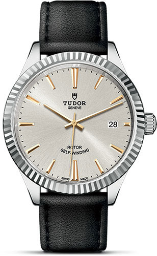 Tudor Style Watch - 38 mm Steel Case - Fluted Bezel - Gold Dial - Leather Strap