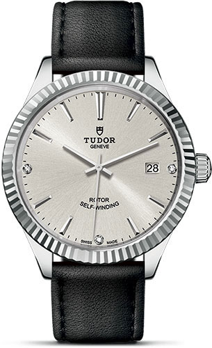 Tudor Style Watch - 38 mm Steel Case - Fluted Bezel - Silver Diamond Dial - Leather Strap