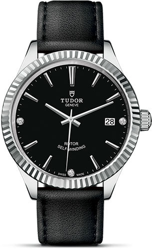 Tudor Style Watch - 38 mm Steel Case - Fluted Bezel - Black Diamond Dial - Leather Strap