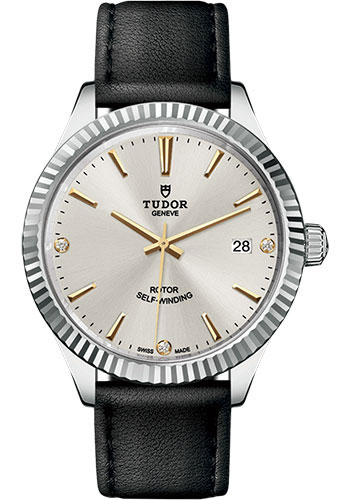 Tudor Style Watch - 38mm Steel Case - Fluted Bezel - Silver Diamond Dial - Leather Strap
